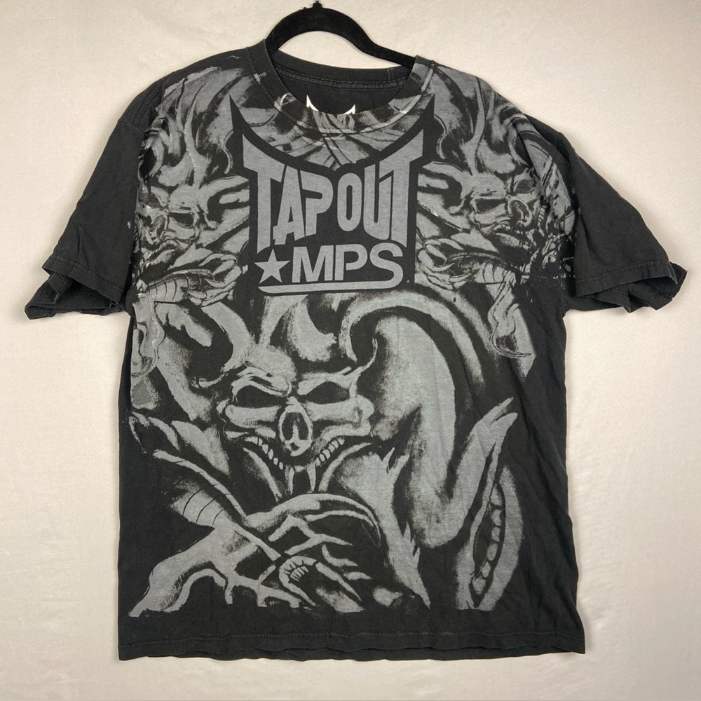 Tapout MPS Shirt Men’s Large Black Gray AOP Vintage Y2K Metallic Dragon Skull